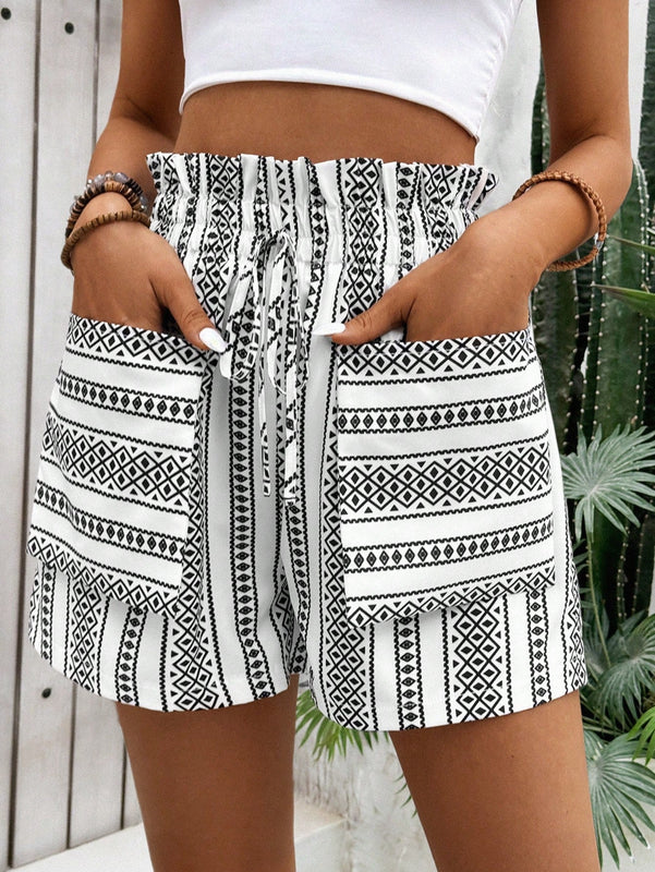 VCAY Shorts holgados de mujer con diseno de estampado geometrico, ribete de volantes, cintura ajustable con lazo