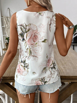LUNE Camisa sin mangas casual para vacaciones de mujeres con diseno floral impreso y cuello de muesca