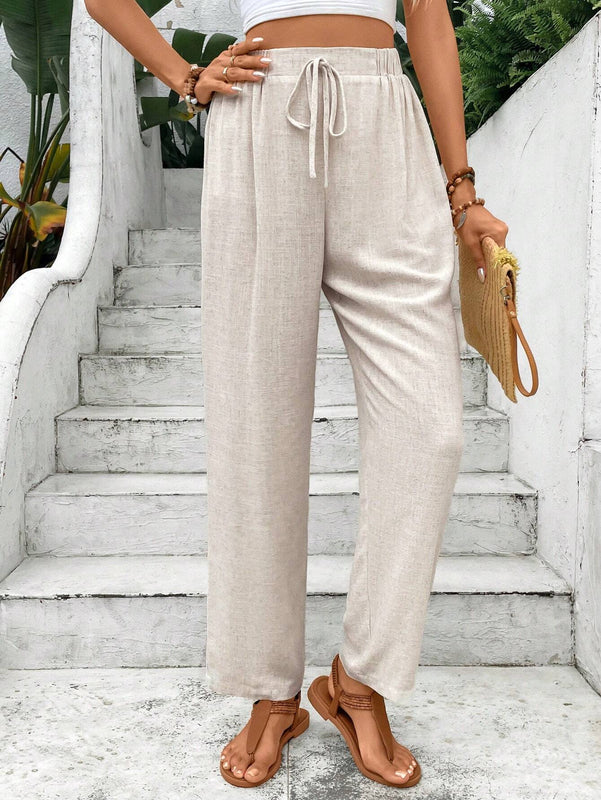 Frenchy Pantalones largos de cintura ajustable en unicolor para uso diario para mujer