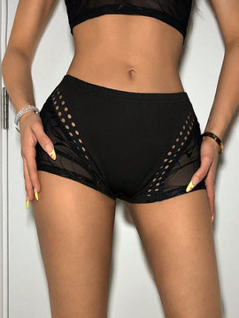 ICON Shorts de moda para mujer con quemado de malla transparente a media altura