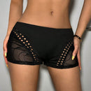 ICON Shorts de moda para mujer con quemado de malla transparente a media altura