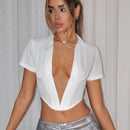ICON Camisa de mujer con cuello polo, manga corta y escote en V profundo con efecto push-up