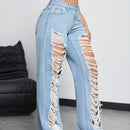EZwear Jeans de pierna recta y corte suelto para mujer con efecto desgastado y bolsillos para uso casual diario