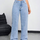 EZwear Jeans de pierna recta para mujer con bolsillos, cortes laterales y ajuste holgado