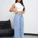 EZwear Jeans de pierna recta para mujer con bolsillos, cortes laterales y ajuste holgado