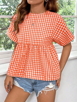EZwear Top estilo babydoll con diseno de cuadros vichy, de corte suelto con hombros caidos