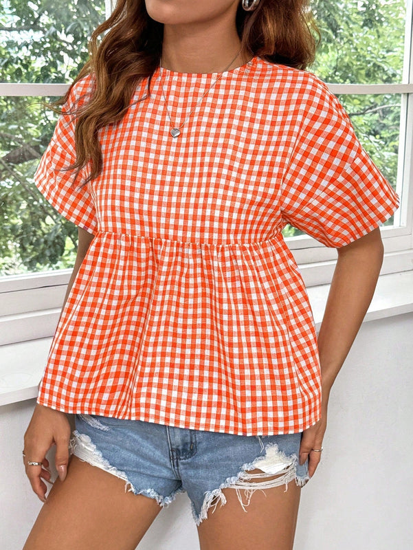 EZwear Top estilo babydoll con diseno de cuadros vichy, de corte suelto con hombros caidos