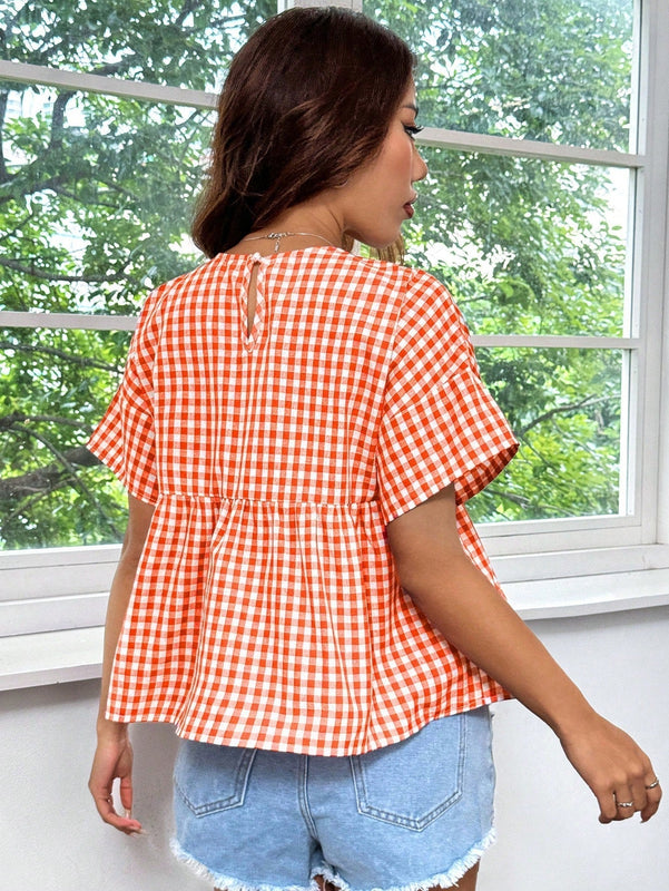 EZwear Top estilo babydoll con diseno de cuadros vichy, de corte suelto con hombros caidos