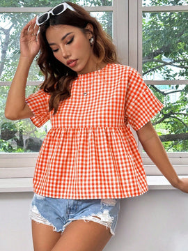 EZwear Top estilo babydoll con diseno de cuadros vichy, de corte suelto con hombros caidos