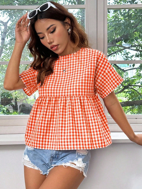 EZwear Top estilo babydoll con diseno de cuadros vichy, de corte suelto con hombros caidos