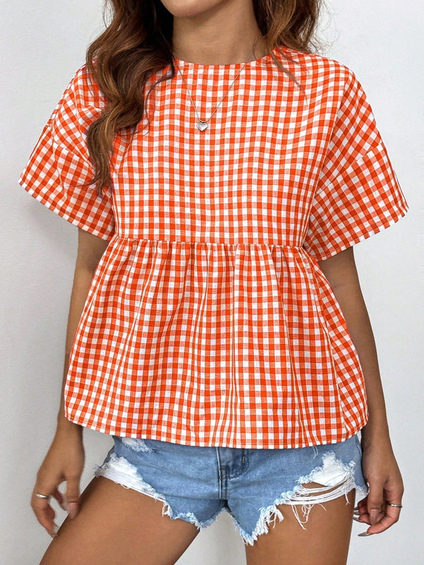 EZwear Top estilo babydoll con diseno de cuadros vichy, de corte suelto con hombros caidos