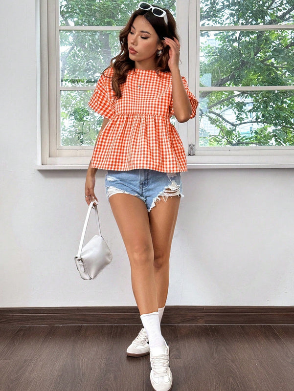 EZwear Top estilo babydoll con diseno de cuadros vichy, de corte suelto con hombros caidos