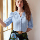 MOTF PREMIUM Blusa con cuello de muesca, mangas abullonadas y encaje insertado