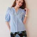 MOTF PREMIUM Blusa con cuello de muesca, mangas abullonadas y encaje insertado