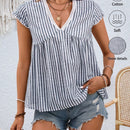 LUNE Camisa de verano casual para mujer con cuello en V, estampado de rayas y ribete de encaje