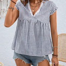 LUNE Camisa de verano casual para mujer con cuello en V, estampado de rayas y ribete de encaje