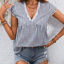 LUNE Camisa de verano casual para mujer con cuello en V, estampado de rayas y ribete de encaje