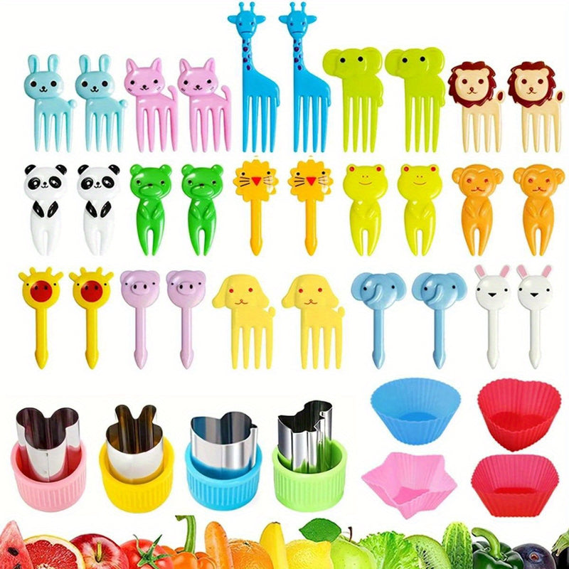 38 piezas de palillos decorativos para comida en miniatura con diseño de animales animados, para snacks, pasteles y frutas, incluye herramienta de corte y separador de silicona para lonchera