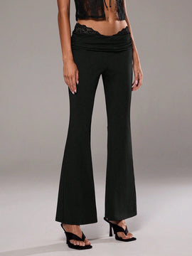 Aloruh Pantalones acampanados con panel de encaje y cintura en forma de V para bailar y hacer yoga de cintura baja para mujer