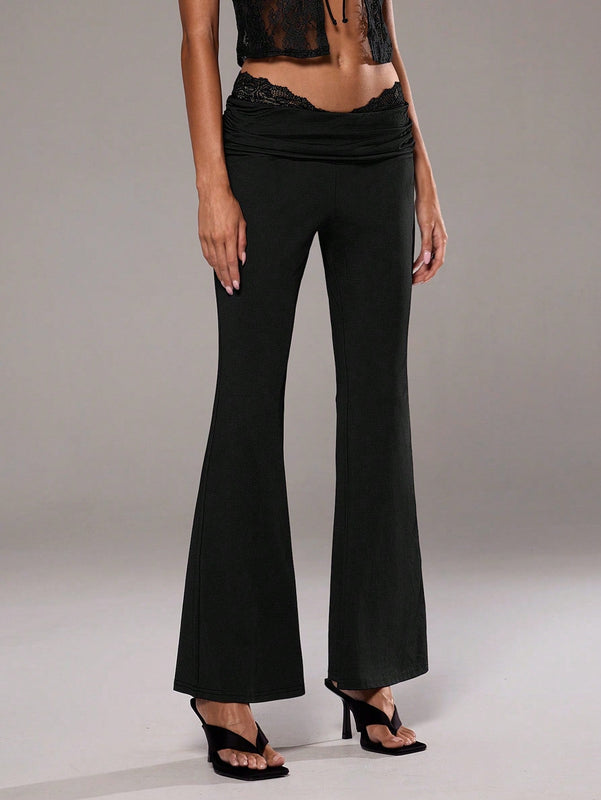 Aloruh Pantalones acampanados con panel de encaje y cintura en forma de V para bailar y hacer yoga de cintura baja para mujer