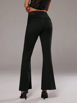 Aloruh Pantalones acampanados con panel de encaje y cintura en forma de V para bailar y hacer yoga de cintura baja para mujer