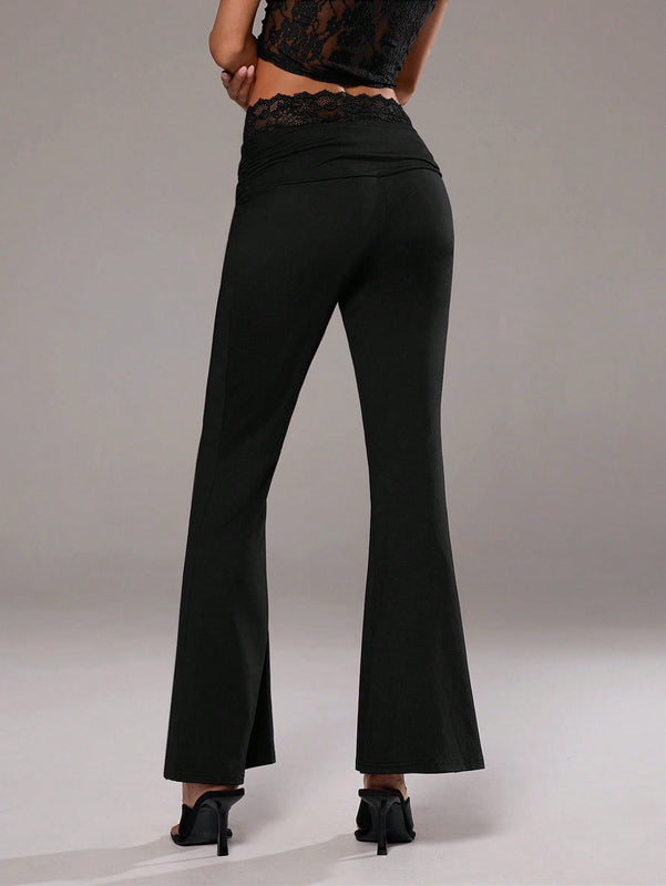 Aloruh Pantalones acampanados con panel de encaje y cintura en forma de V para bailar y hacer yoga de cintura baja para mujer