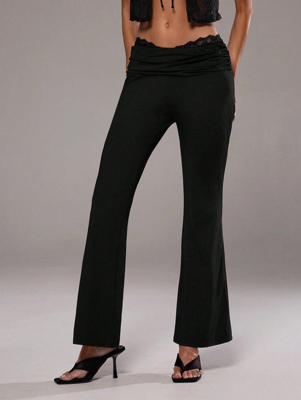 Aloruh Pantalones acampanados con panel de encaje y cintura en forma de V para bailar y hacer yoga de cintura baja para mujer