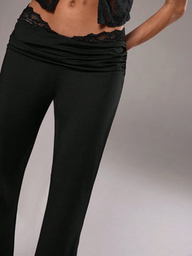 Aloruh Pantalones acampanados con panel de encaje y cintura en forma de V para bailar y hacer yoga de cintura baja para mujer