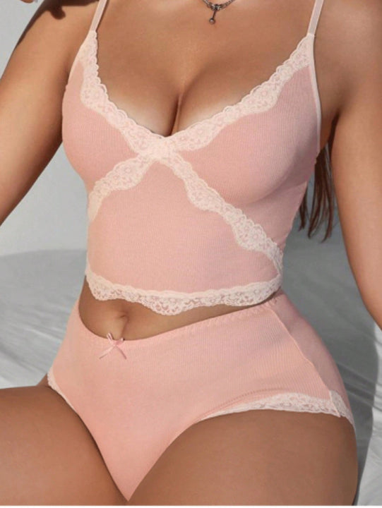 NEW Conjunto de lenceria para mujeres con sosten y ropa interior con encaje sexy y elastico, tirantes finos y cuello en V con lenceria a juego