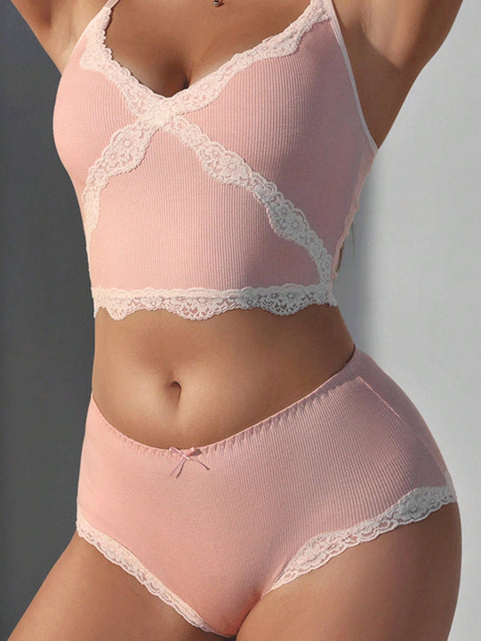 NEW Conjunto de lenceria para mujeres con sosten y ropa interior con encaje sexy y elastico, tirantes finos y cuello en V con lenceria a juego