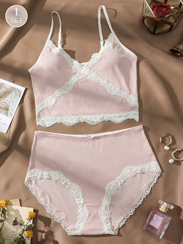 NEW Conjunto de lenceria para mujeres con sosten y ropa interior con encaje sexy y elastico, tirantes finos y cuello en V con lenceria a juego