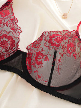 NEW Conjunto de sujetador push-up con aros negro para mujeres, bralette sexy de encaje con cuello en V y ropa interior transpirable con detalles huecos