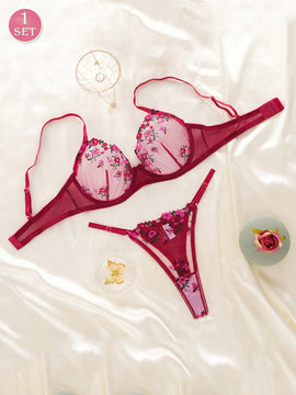 Conjunto de ropa interior sexy para mujer en color burdeos, sosten con push-up y cuello en v profundo con encaje y con aros, junto con las Tangas