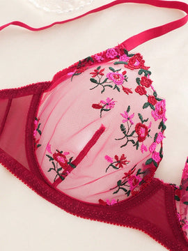 NEW Conjunto de ropa interior sexy para mujer en color burdeos, sosten con push-up y cuello en v profundo con encaje y con aros, junto con las bragas
