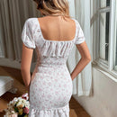 Vestido floral de manga farol con nudo delantero con fruncido bajo con fruncido