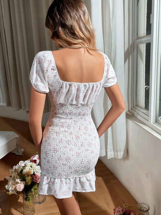 Vestido floral de manga farol con nudo delantero con fruncido bajo con fruncido
