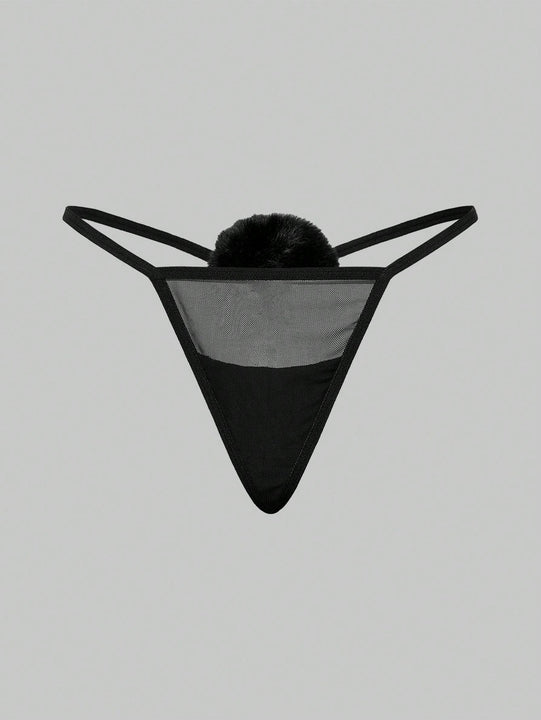 ROMWE Kawaii Conjunto de 3 piezas de tanga sexy con pompon de cola de conejo puro