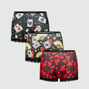 ROMWE J-Fashion Conjunto de 3 piezas de braguitas para mujeres con estampado de corazon y poker, parche de encaje y pierna cuadrada