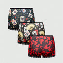 ROMWE J-Fashion Conjunto de 3 piezas de braguitas para mujeres con estampado de corazon y poker, parche de encaje y pierna cuadrada
