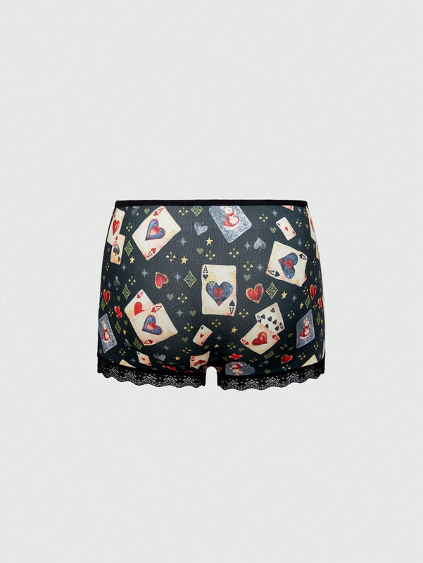 ROMWE J-Fashion Conjunto de 3 piezas de braguitas para mujeres con estampado de corazon y poker, parche de encaje y pierna cuadrada