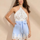 Anewsta Short de verano casual para mujer con cinturon de encaje y cintura estampada a cuadros