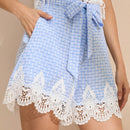 Anewsta Short de verano casual para mujer con cinturon de encaje y cintura estampada a cuadros