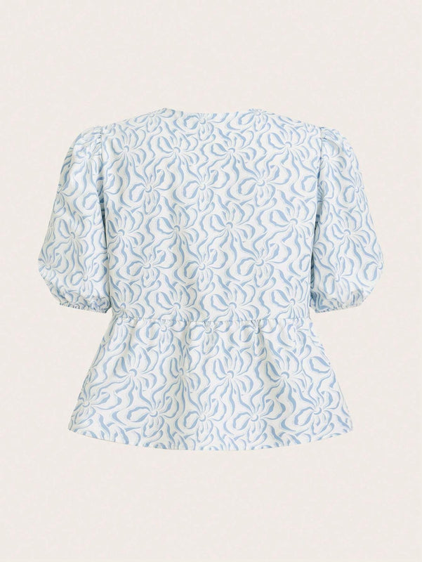 Essnce Blusa de lazo con corbata de flores azules y blancas para mujeres 2024, Tops de camisa solidos sueltos con mangas abullonadas plisadas y nuevos disenos para primavera/verano, botones frontales casuales estilo babydoll