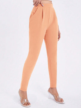 Essnce Pantalones informales de color liso y elasticos de cintura alta con pliegues y bolsillos para mujer