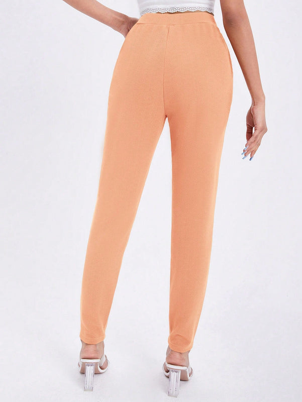 Essnce Pantalones informales de color liso y elasticos de cintura alta con pliegues y bolsillos para mujer
