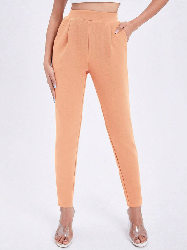 Essnce Pantalones informales de color liso y elasticos de cintura alta con pliegues y bolsillos para mujer