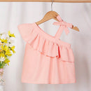 Essnce Camiseta de tirantes con lazo suelto y volantes de color rosado claro tejida para mujer, estilo babydoll casual para el verano con un solo hombro