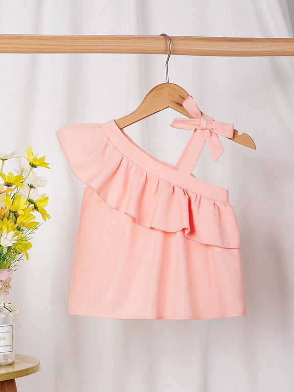 Essnce Camiseta de tirantes con lazo suelto y volantes de color rosado claro tejida para mujer, estilo babydoll casual para el verano con un solo hombro