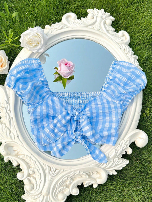 NEW  EZwear Top corto con estampado de cuadros, con lazo en la parte posterior y diseno delantero cruzado