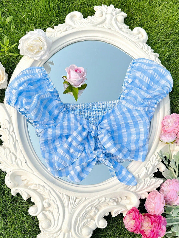 NEW  EZwear Top corto con estampado de cuadros, con lazo en la parte posterior y diseno delantero cruzado